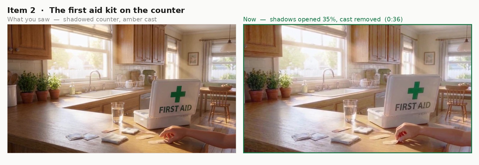The kitchen, before and after the re-light