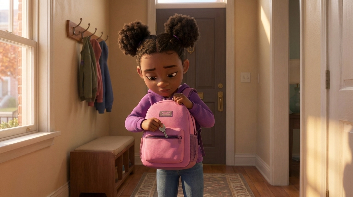 Maya slides her key into the front pocket of her backpack